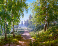 Алмазная мозаика круглыми стразами 40x50: Берёзовая роща (худ. Басов С.)