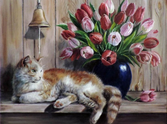 Вышивка крестиком 40х50см, Кот и тюльпаны