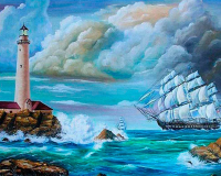 Алмазная мозаика круглыми стразами 40x50: Парусник и маяк